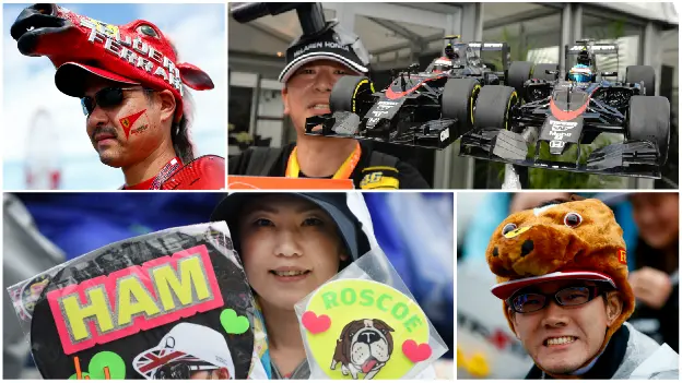 Examples of creative hats worn by Japanese Formula 1 fans at Suzuka